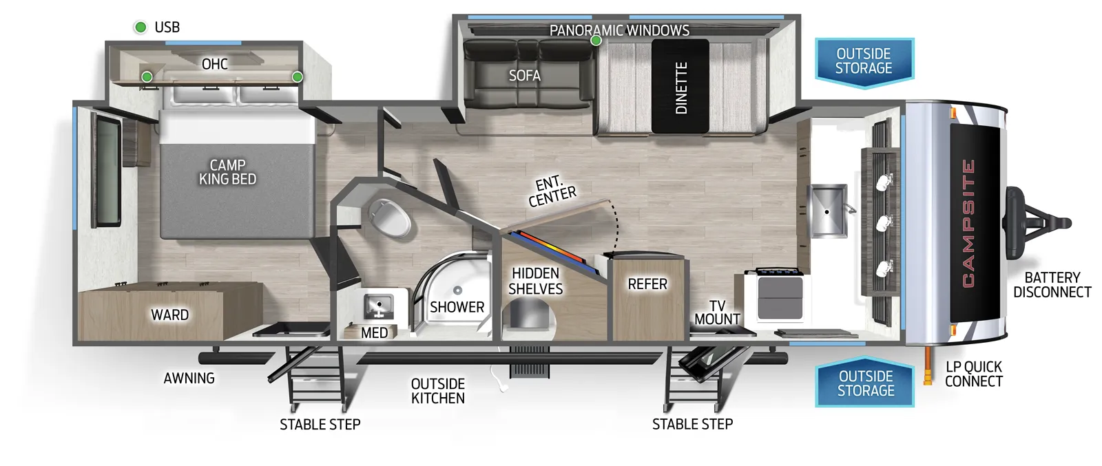 The Campsite Ultra 26BW floorplan has two entries and two slide outs. Exterior features include: fiberglass exterior and outside kitchen. Interiors features include: front kitchen and rear bedroom.